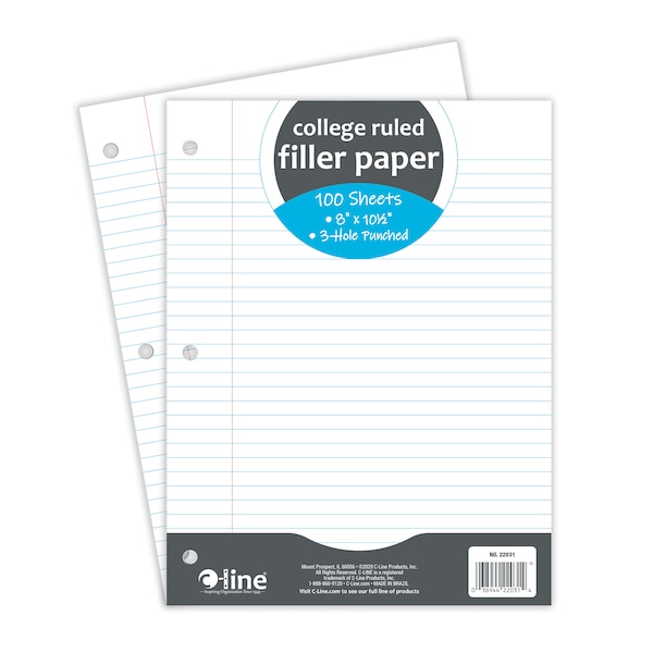 Filler Paper, College Ruled, 8 x 10-1/2, 100 Sheets, PK36